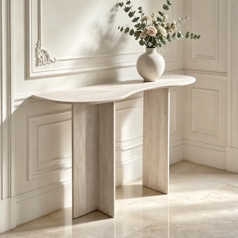 Cream Marble Entrance Table Narrow Console Table Against Wall Light Luxury High End Wabi Sabi Style Entryway Furniture