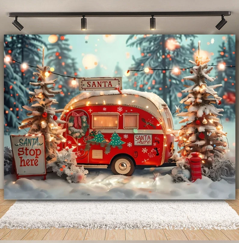 Kersttruck Achtergrond Voor Fotografie Kerstboom Geschenken Winter Bos Candy Cane Kids Familie Feest Achtergrond Fotostudio