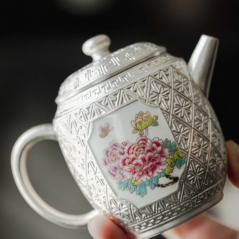 160ml Boutique Silver-plated Ceramic Teapot Window-opening Flower Brocade Small Pot Tea Maker Kettle Kung Fu Tea Set Gift Box