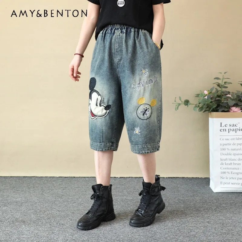 

Retro Cartoon Anime Embroider Denim Half Length Pants Women's Thin Loose Oversized Embroidered Straight-leg Half Length Jeans