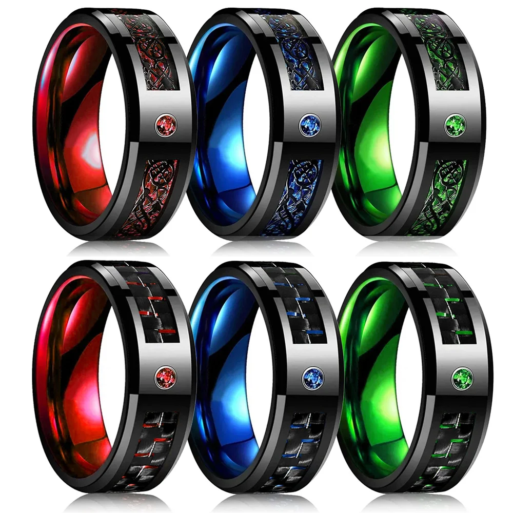 Anillos de dragón celta de acero inoxidable para hombre, anillos de circón de fibra de carbono con incrustaciones de rojo, azul y verde, regalo de joyería para boda