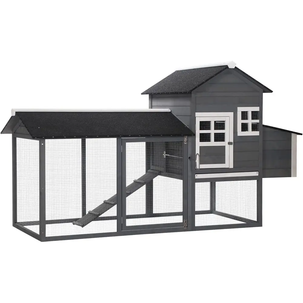 

84 Wooden Chicken Coop with Run, Nesting Box, Removable Tray for 2-3 Chickens, Gray