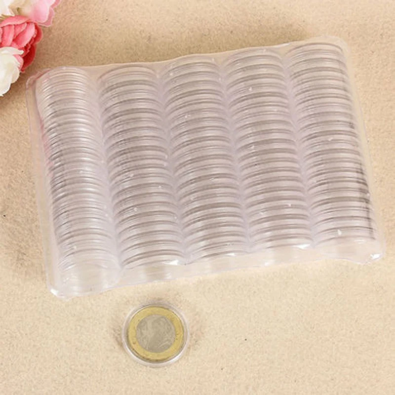 100 Count Clear Round Plastic Coin Capsules Containers with Cases for 27mm Transparent Protection for Display and Storage