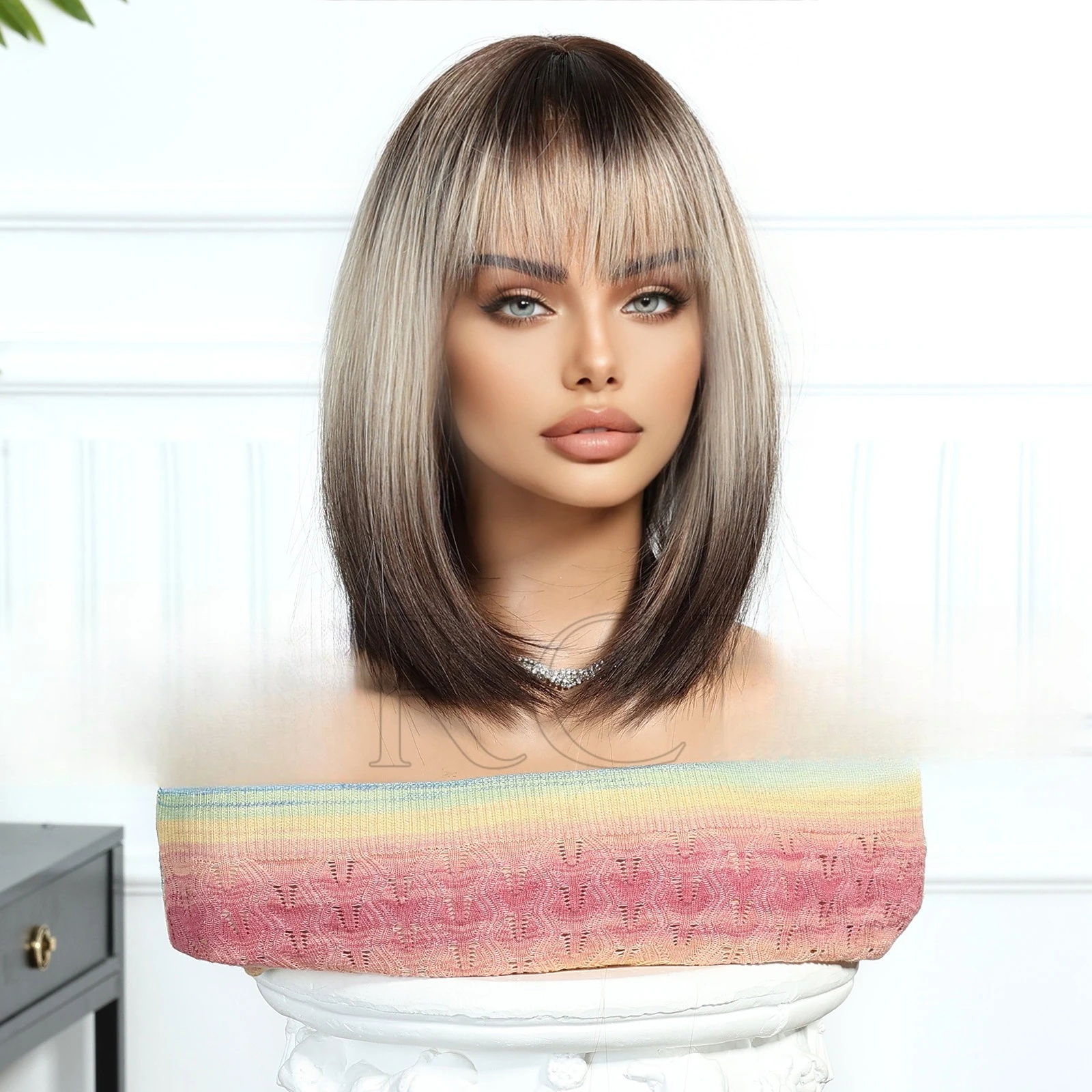 Wig headgear bobo European and American gradual change straight hair headgear hot Bobo Qi bangs short straight hair