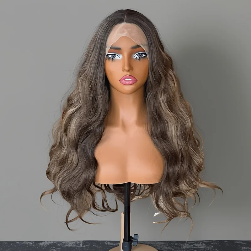 30 Inch Ombre Brown Loose Wave Synthetic Hair Wig 13x4 Highlights Body Wave Transparent Lace Front Wig Daily Life Wigs for Women