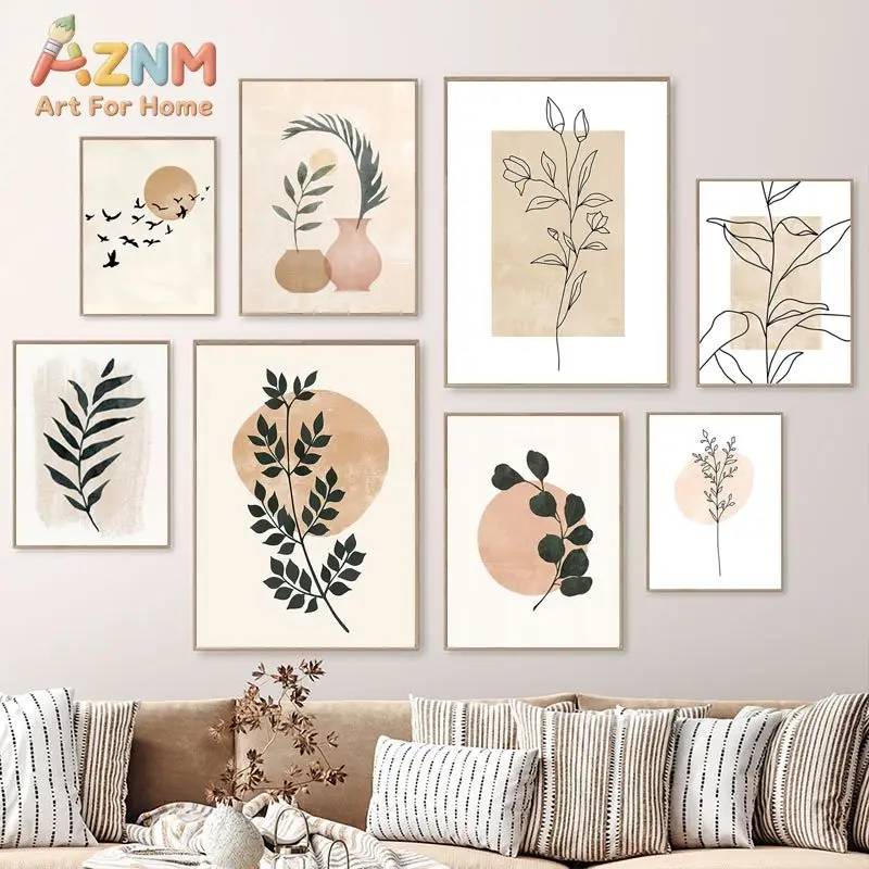 Boho Posters Natural Plant Bird Sun Abstract Canvas Painting Leaf Lines Wall Art Pictures Living Room Home Decorative Paintings