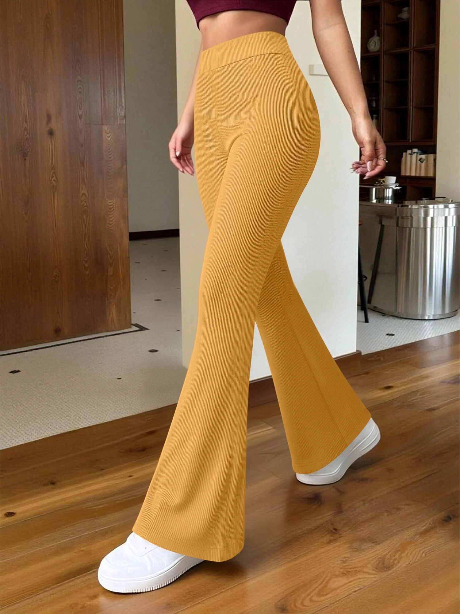 Ladies Solid Rib Texture Flare Long Pants, High Waist Stretch Slim Trousers, Skin-friendly Material for Spring Summer Autumn