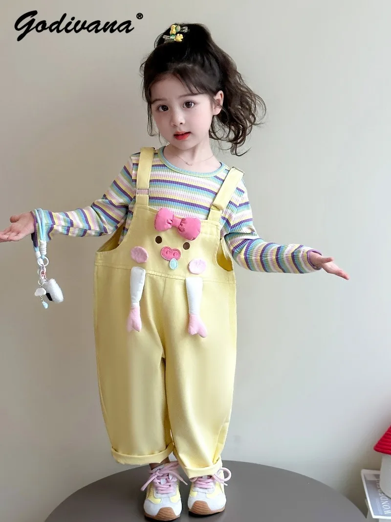 Baby Girls' Cartoon Overalls Spring 2026 New Cute and Sweet Striped Full Sleeve Top Fashion Baby Girls Casual Two Piece Sets