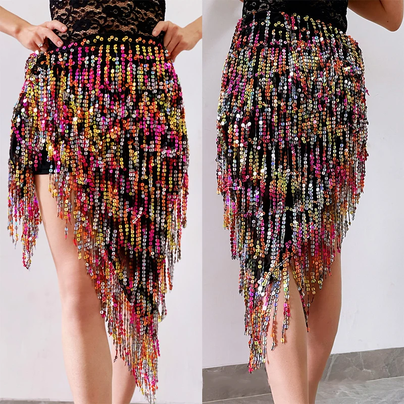 Women Bellydance Hip Scarf Sequin Tassel Belly Dance Practice Dress Waist Chain Hip Towel Wrapped Skirt Costume Fringe Wrap