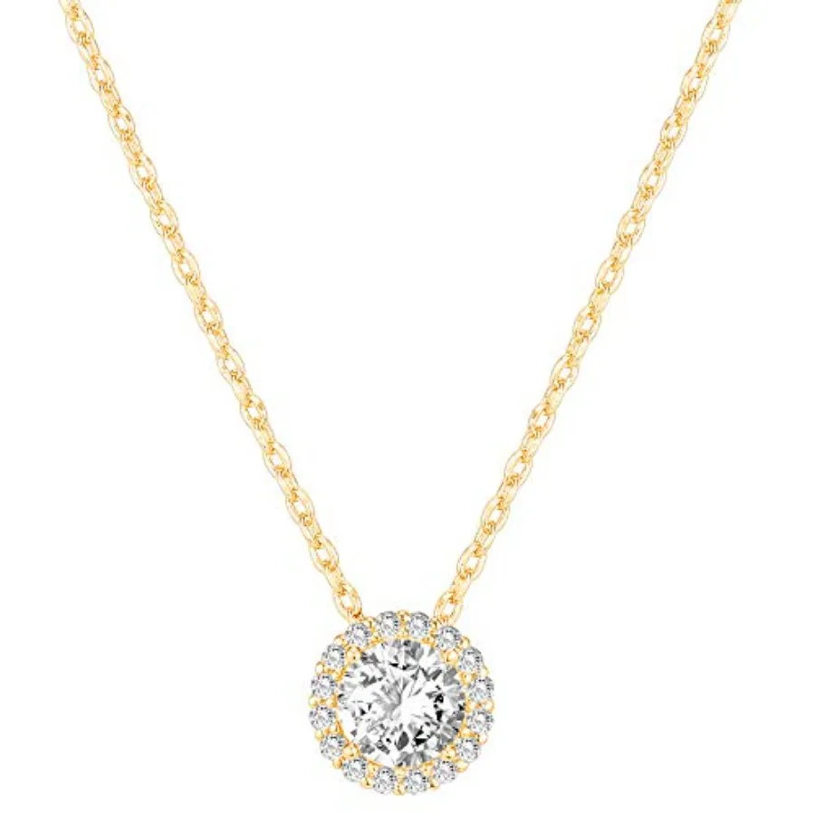 

14K Gold Plated Post Faux Diamond Round Solitaire Pendant Halo Necklace Gold Necklace for Women Slider Adjustable