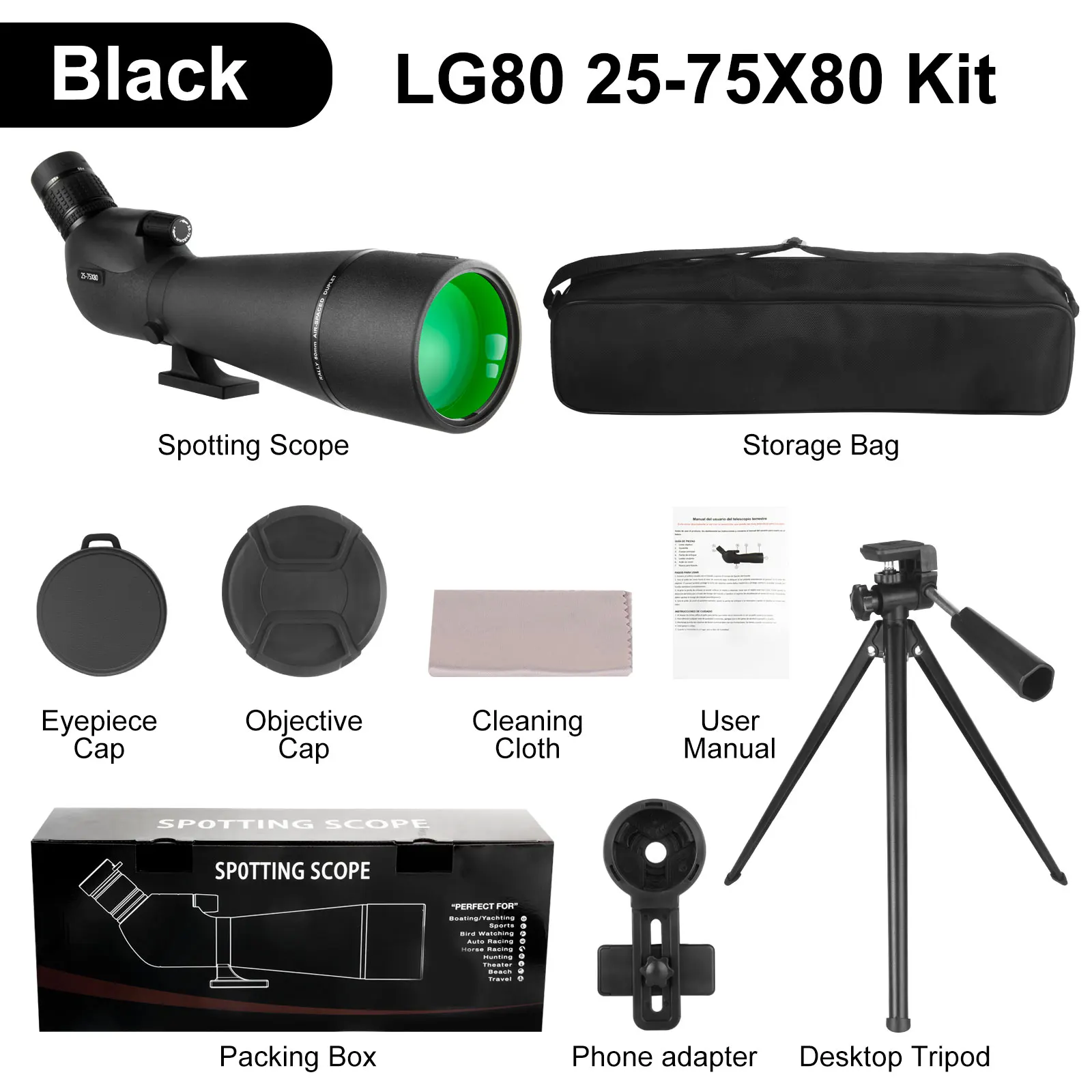 25-75x80 Telescoop Spotting Scope Groot veld Krachtige zoommonoculair met telefoonadapter Statief voor vogels kijken Camping - afbeelding 1