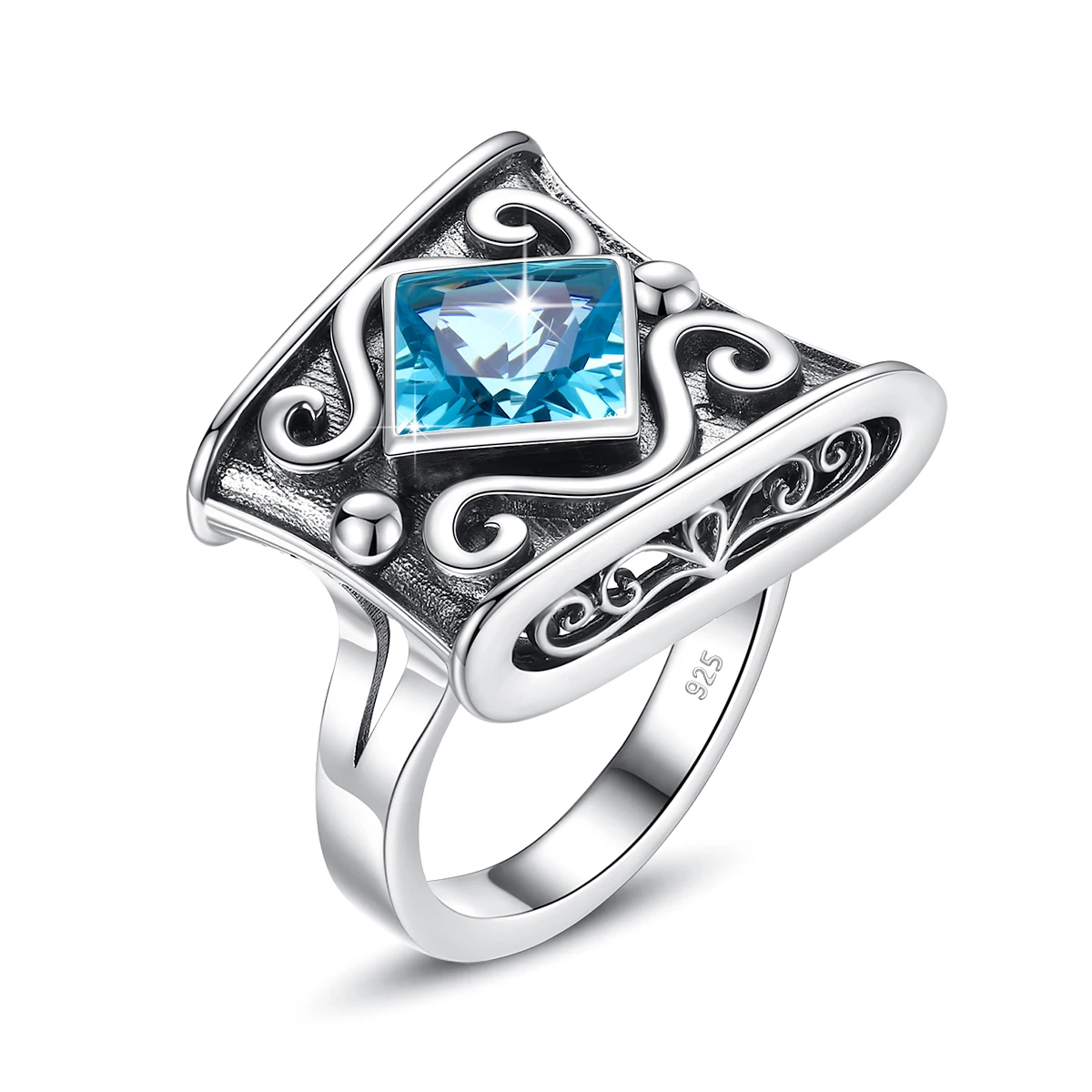 

Vintage Blue Topaz 925 Sterling Silver Ring Women Antique Filigree Square Gemstone Ring Jewelry Party Wedding Engagement Gifts