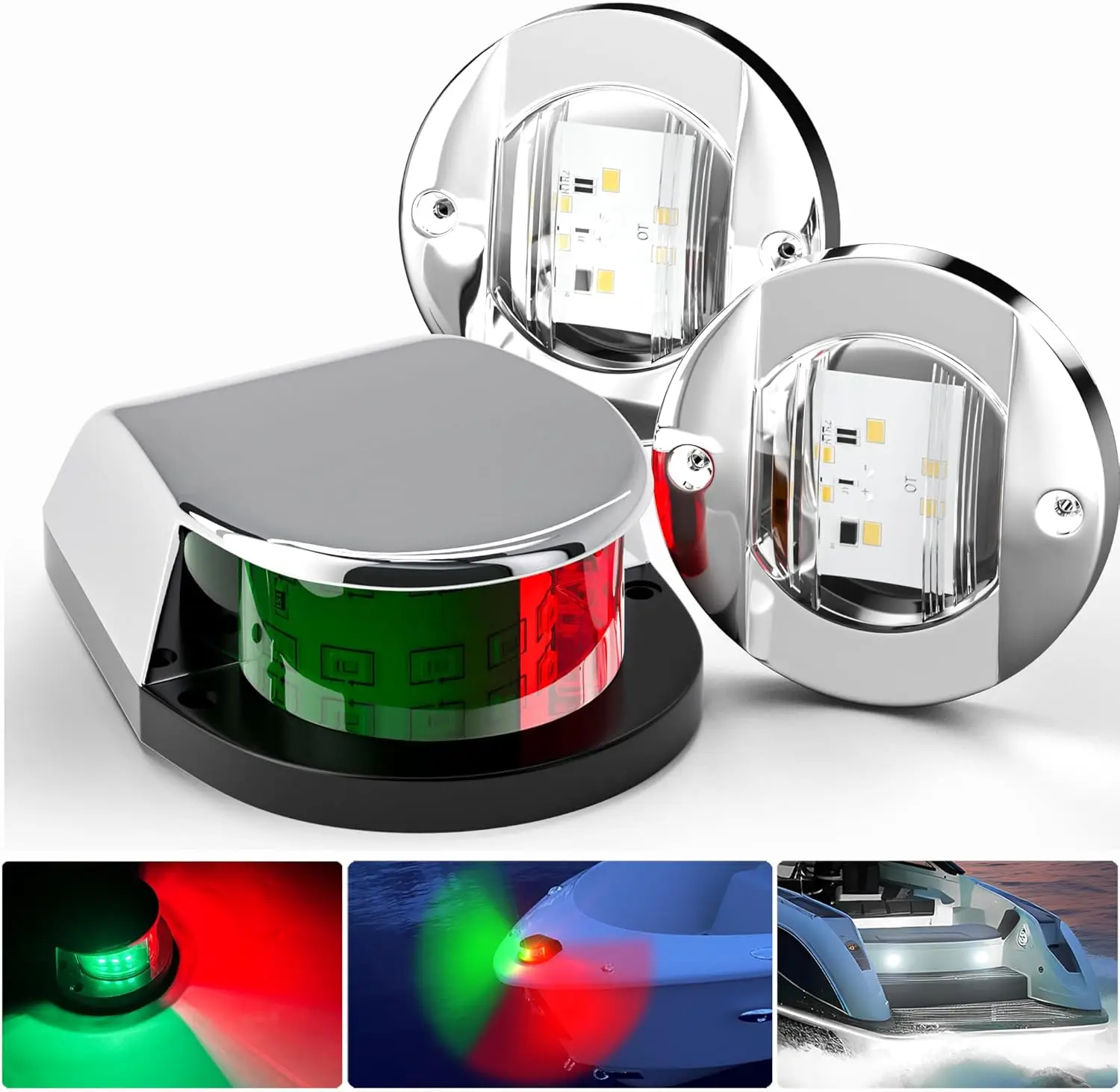 Boat Navigation Lights LED Waterproof Marine Bow Stern Side Interior Deck Transom Lights w/Chrome bezels