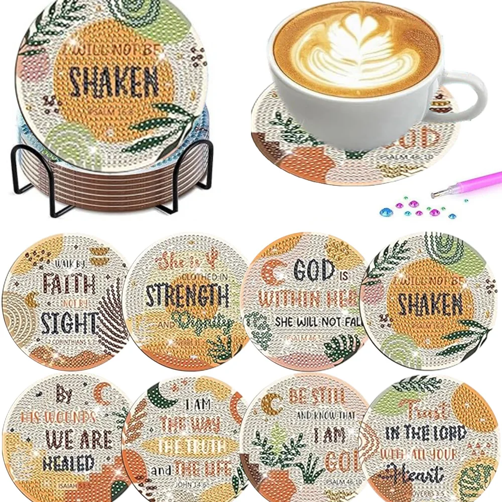 8 Pieces/Set Diamond Painting Coasters Small Fresh Design with Base Included DIY Art Handmade Craft Kit