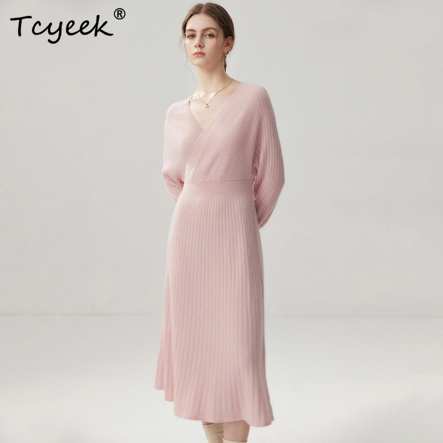 Women's Sweater Knit Slim Dress 100% Cashmere Autumn Winter Sweater Intersecting Collar Skirt lantern Sleeve Slant Opening Dress