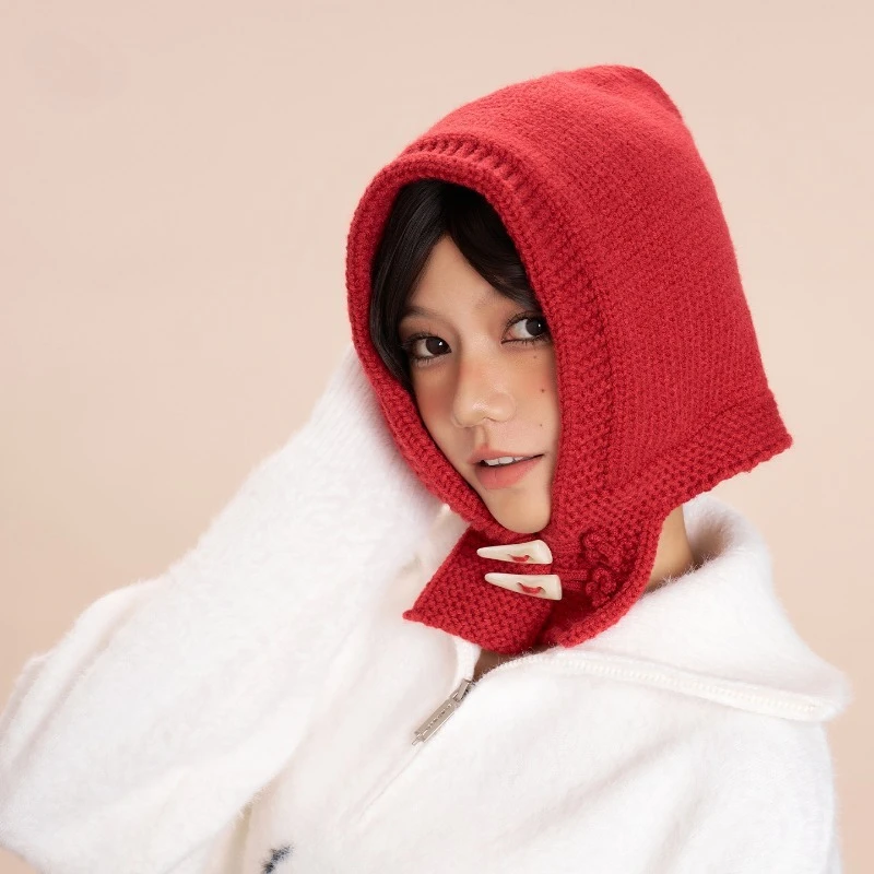 

New Autumn and Winter Knitted Ear Guard Balaclava Hats Women Horn Buckle Knitted Scarf Integrated Windproof Pullover Knitted Cap