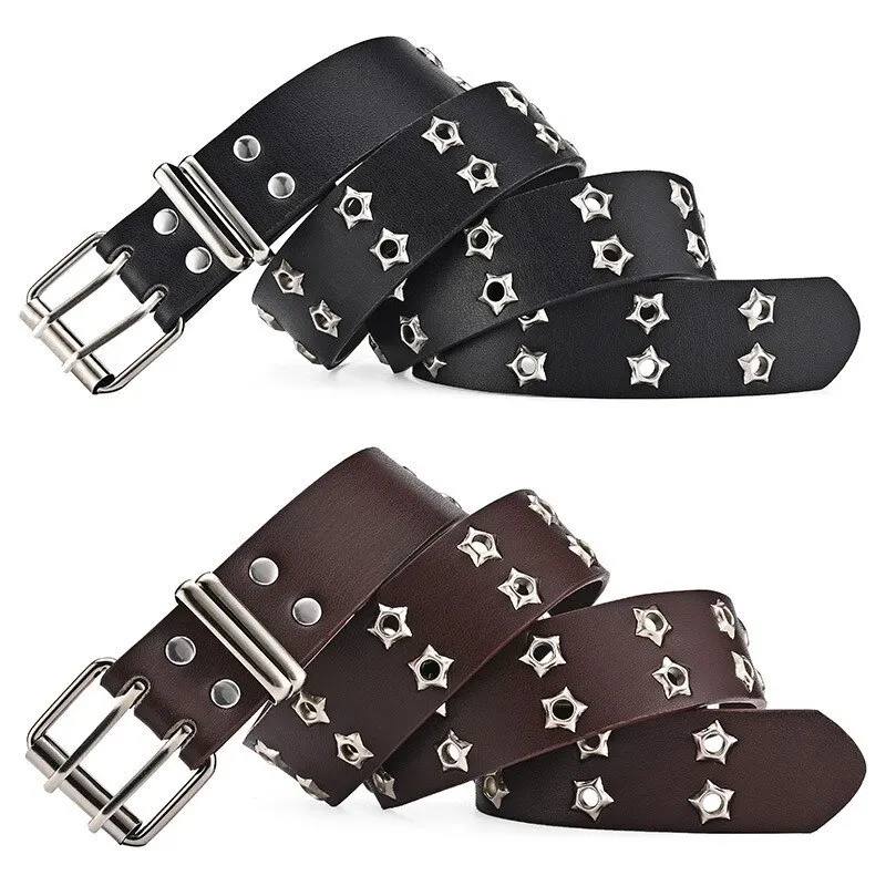 New Star Eye Rivet Belt Goth Style Double Pin Buckle Man/woman Fashion Casual Punk Style Pu Leather Waistband for Jeans Y2K Belt