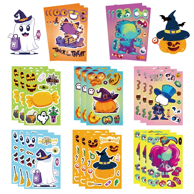 

8/16Sheets Funny Pumpkin Ghost Halloween Make a Face Puzzle Stickers Assemble Jigsaw Stickers Kids Educational Clssic Kid Toys