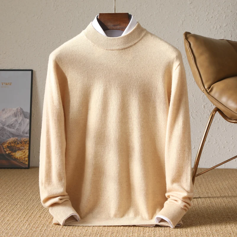 

100% Merino Wool Sweater Men's Half High Collar Knitted Hoodie Casual Solid Color Basic Base Cashmere Shirt Sweater