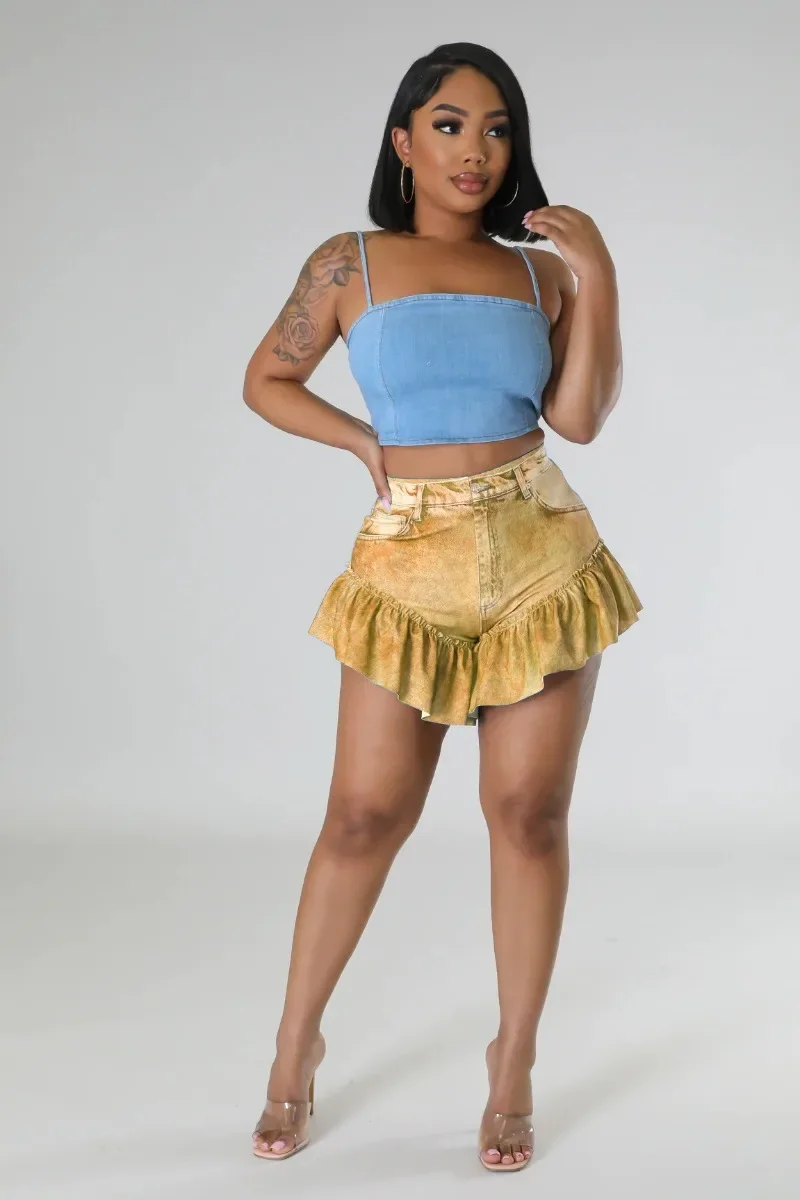 กางเกงขาสั้นทรงกระโปรงแฟชั่น GUWU ลายยีนส์แต่งระบายชาย ทรงบาน สไตล์กางเกงขาสั้นสำหรับฤดูร้อน แฟชั่นสตรีท