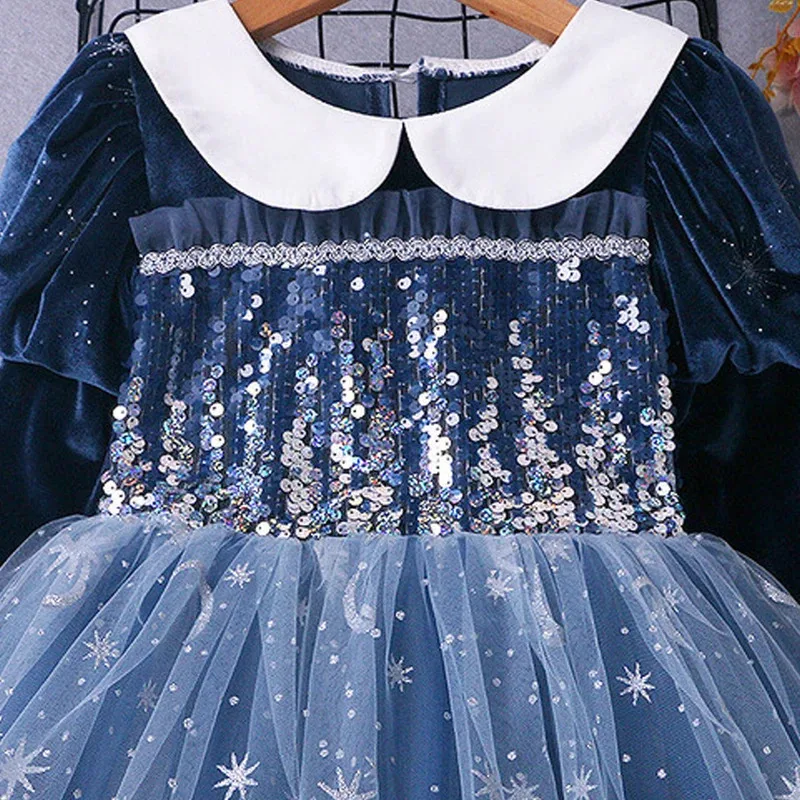 Gaun Putri Lengan Panjang Elsa Kostum Ratu Salju Anak-anak Gaun Jaring Payet Anak Perempuan Pakaian Pesta Halloween Ulang Tahun Anak-anak