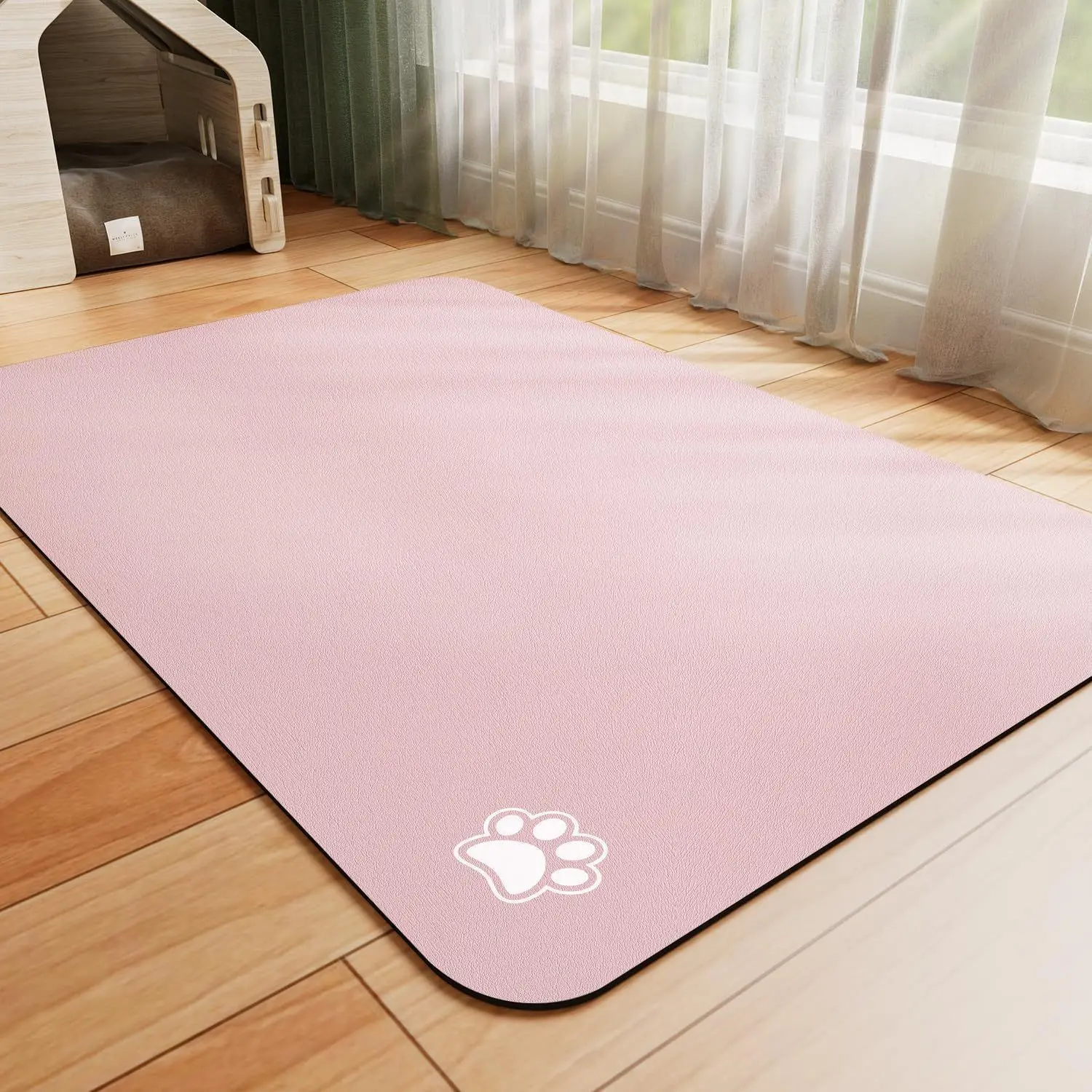 VIKAMA Pet Feeding Mat Blue Oval Mat with White Paw Prints Waterproof Non Slip Washable Food Bowl Placemat for Dog Cat Floor