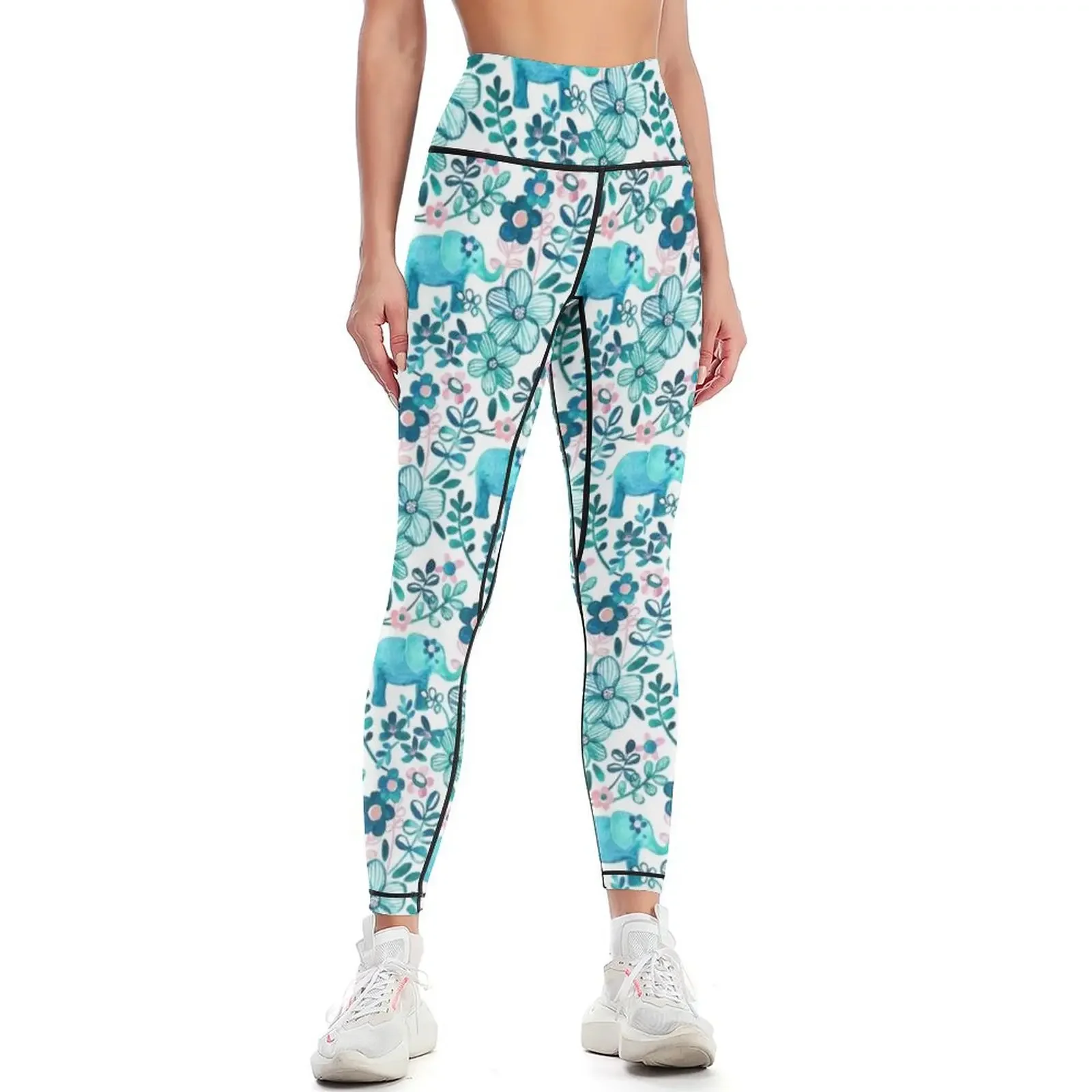 

Dusty Pink, White and Teal Elephant and Floral Watercolor Pattern Leggings sport pants Women's high waist Womens Leggings