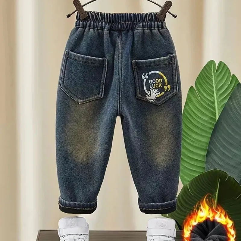 Casual Velvet Lined Boys Denim Pants Warm Elastic High Waist Plush Vaqueros Pantalones Thick Denim Children Broek New