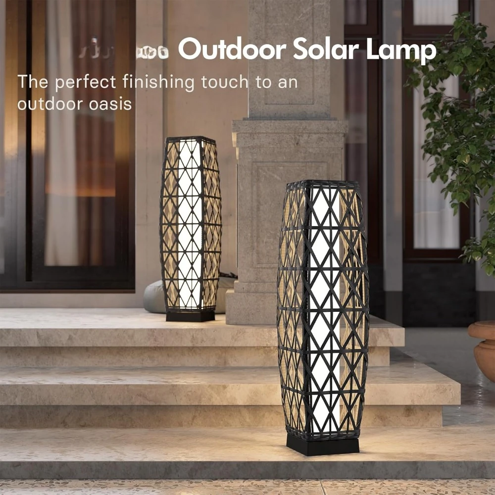 2-Piece Outdoor Solar-Powered Woven Wicker Lantern Floor Lamp Decoration for Deck Garden Lawn Porch -outdoor Lighting