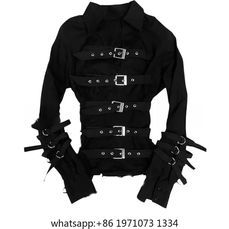 Dark Y2K Subculture Black Shirt Tops Women Autumn New Goth High Street Halloween Slim Lapel Long Sleeved Strap Hot Girl Blusas