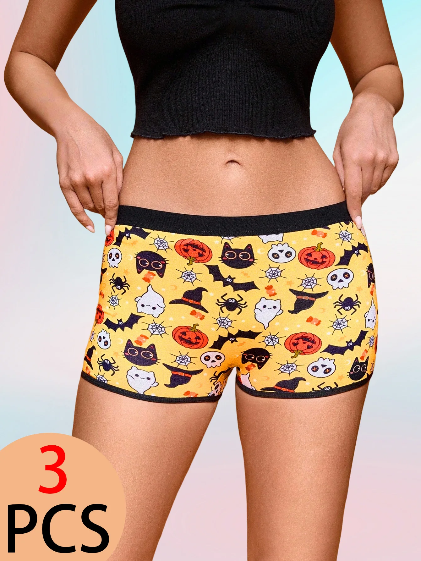 Confezione da 3 boxer da donna con tema Halloween, zucca, pipistrello, faccia fantasma, boxer da ragazza comodi e traspiranti