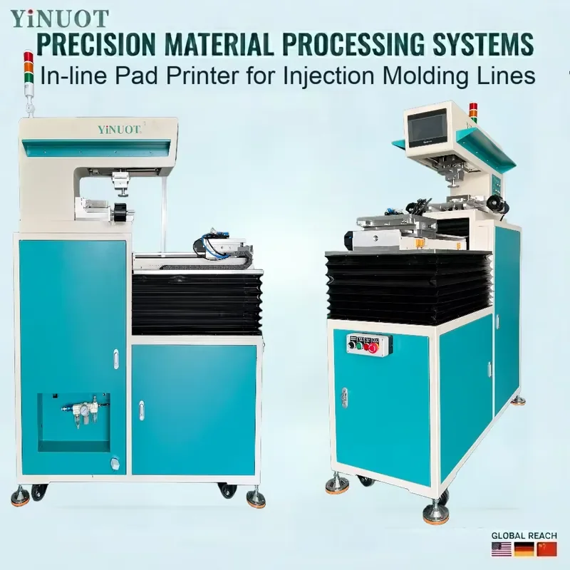 In-line Pad Printer Compatible with Molding Lines, for Tubes, Plastics, Glass, Metals and NFC Products.