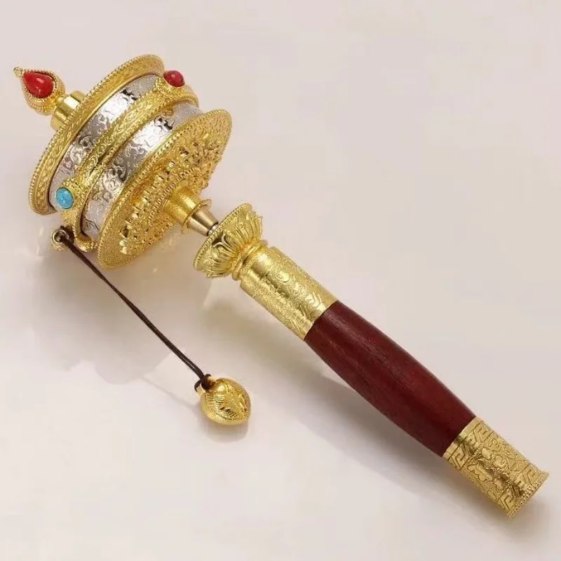 Tibetan Hand-Cranked Golden Prayer Wheel,Handheld Alloy Prayer Wheel Sanskrit and Heart Mantra Decorative Altar,Buddhist Item