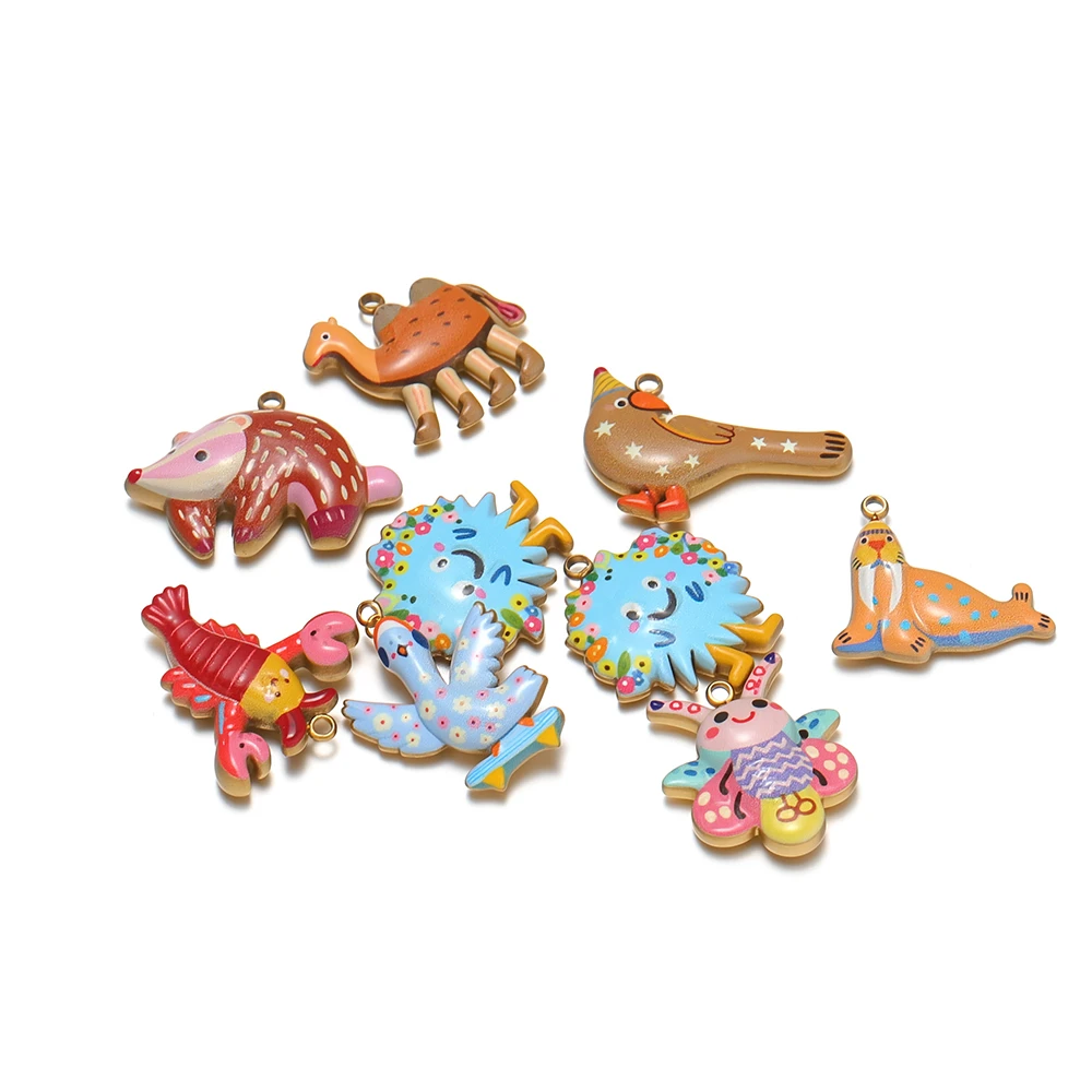 4 Stück vergoldete Edelstahl-Emaille-Cartoon-Tieranhänger für DIY-Schmuckherstellung, Halskettenzubehör, Ohrringe, Armband-Accessoires – Detail 2