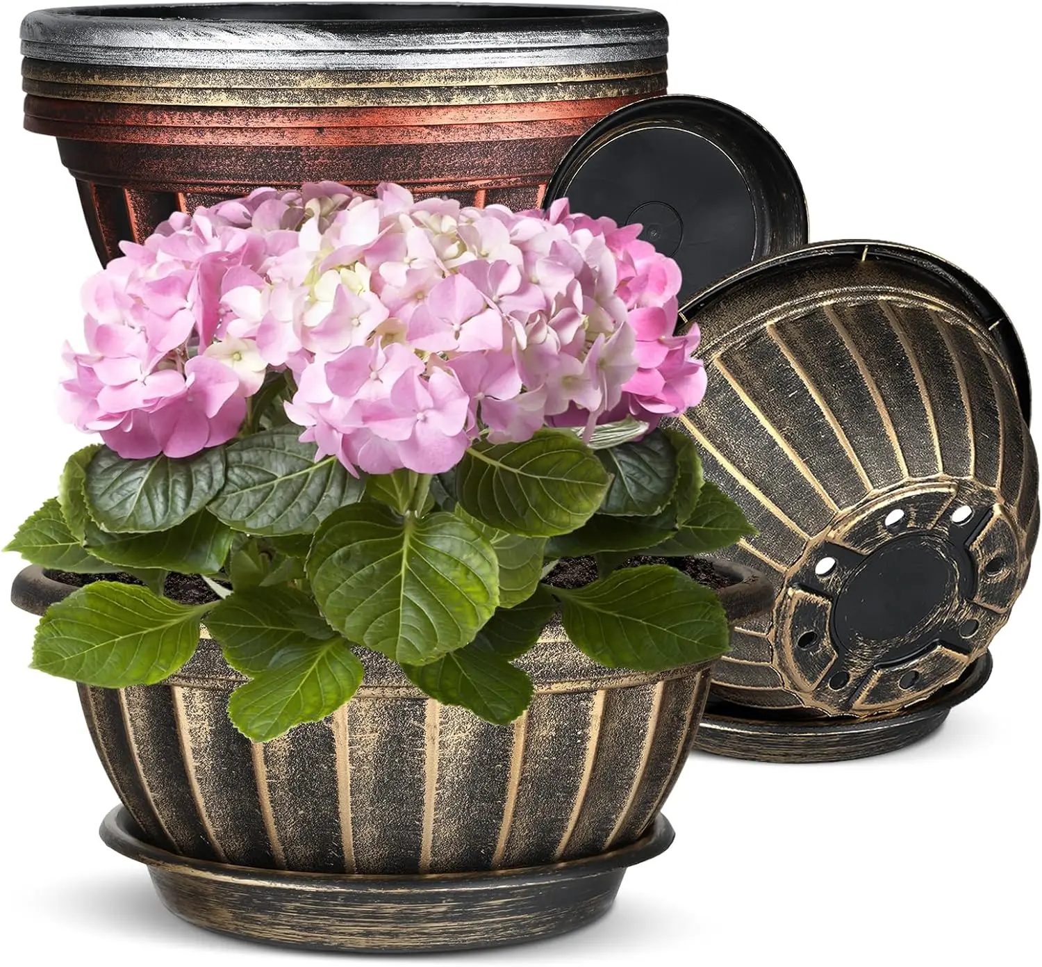 

12-дюймовые пластиковые горшки для растений с дренажными отверстиями и поддонами, набор из 6 штук, рифленый дизайн, для комнатных и уличных растений