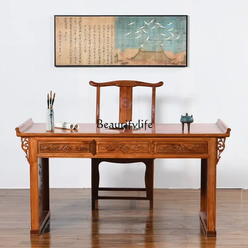 LJYAntique calligraphy table Household boss desk Painting case Sinology tea table Chair Chinese engraving classical