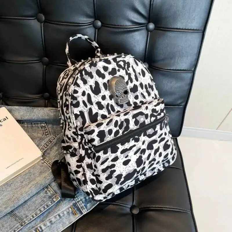 Haruku Leopard Gothic Skull Rivet Mini Backpack Design Women Casual Travel Bags Sweet Cool Y2k Aesthetic Punk Schoolbag