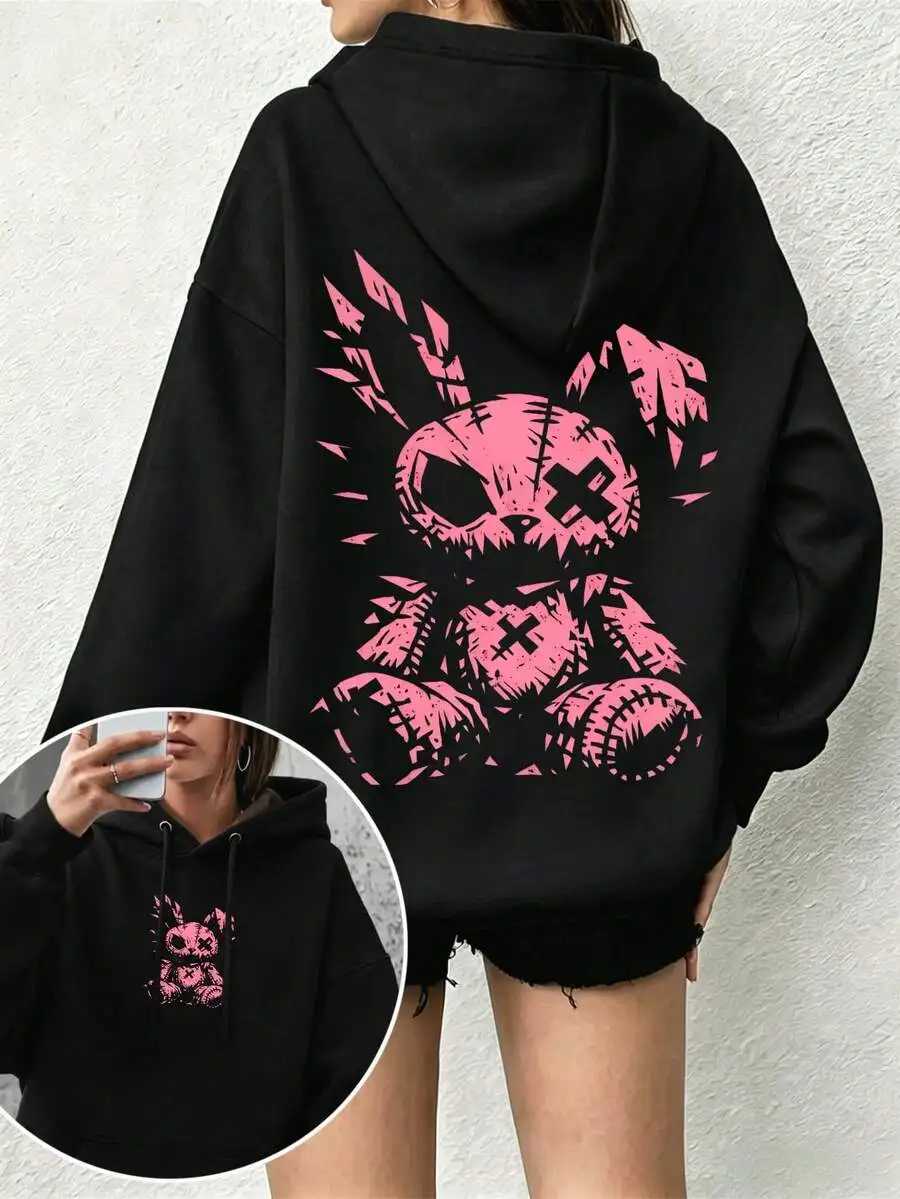 Women's Fall & Winter Graphic Print Hoodie, Pink Skull Rabbit Print Fleece-Lined Long Sleeve Casual Sweatshirt With Kangaroo Pocket, Daily