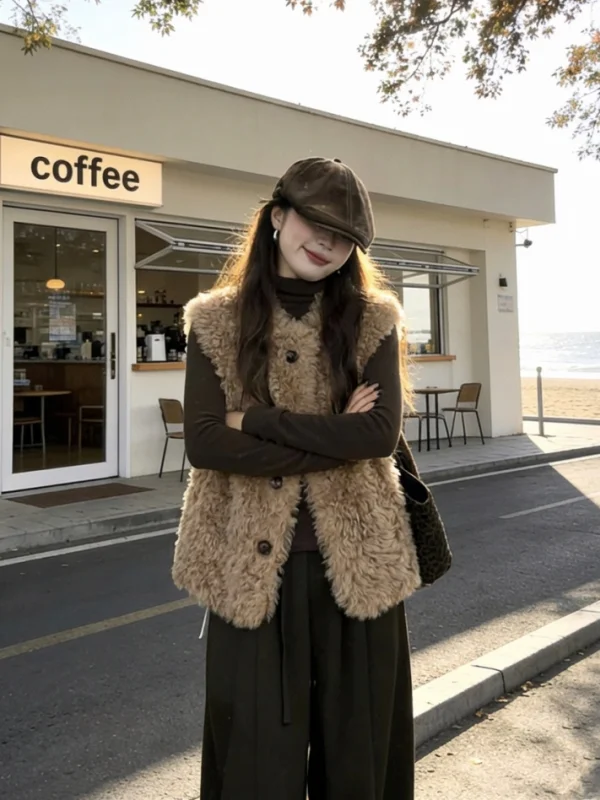 Umweltfreundliche Lammfell-Jahet-Damen-Biker-Jahet in mittlerer Länge, lässige Passform, Knopfverschluss, andere Materialien, Oberbekleidung