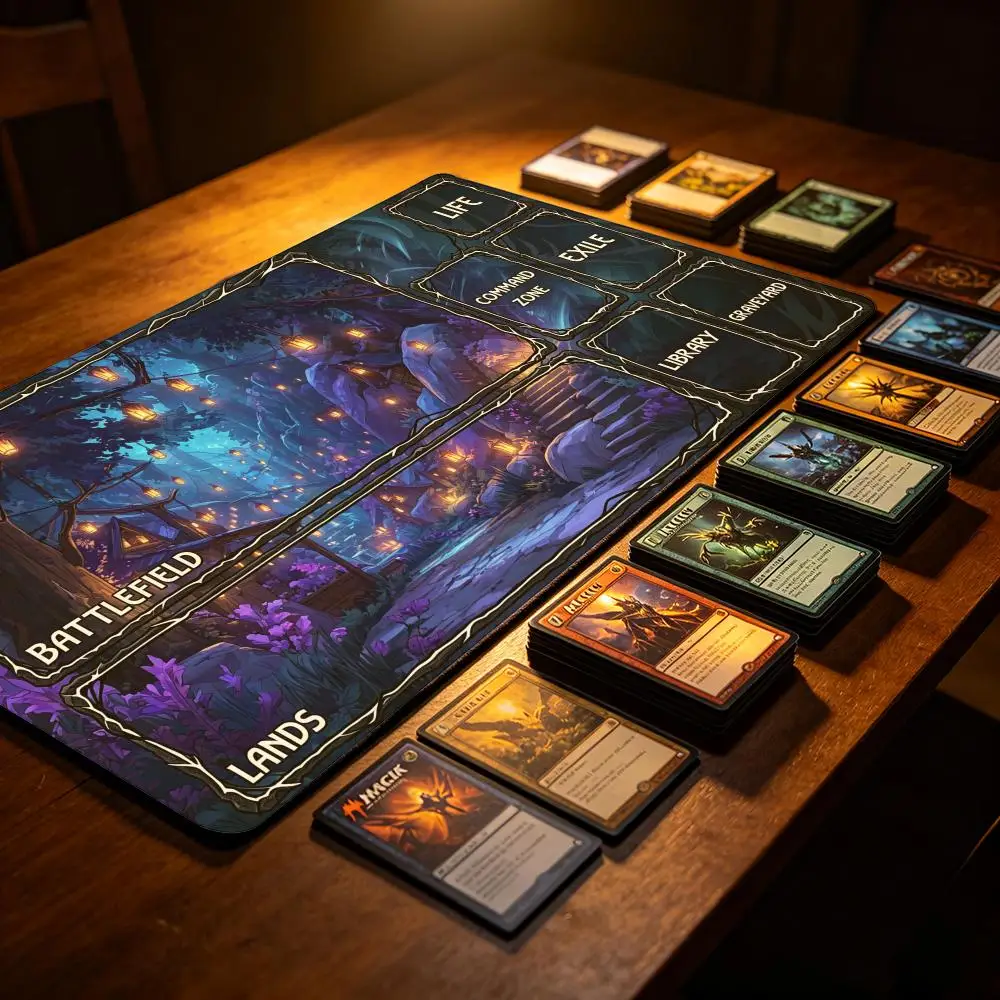 TCG Card Playmat with Zones, Fantasy Forest Night Scene Magic Desk Mat MousePad Battlefield Lands Command Zone, Non-Slip Rubber