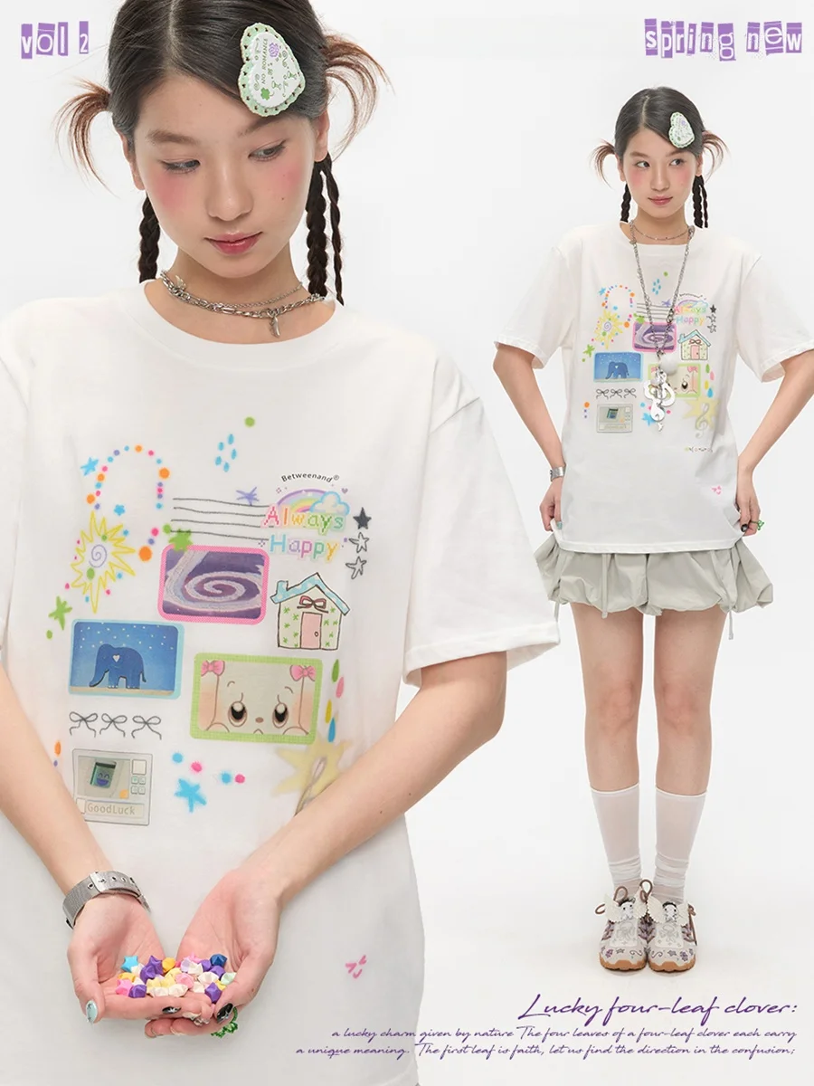 

Cute Summer Doodle Print Loose Fit round Ne ort Sve T-irt Women's Faionable Versatile Cotton Top Spring Summer