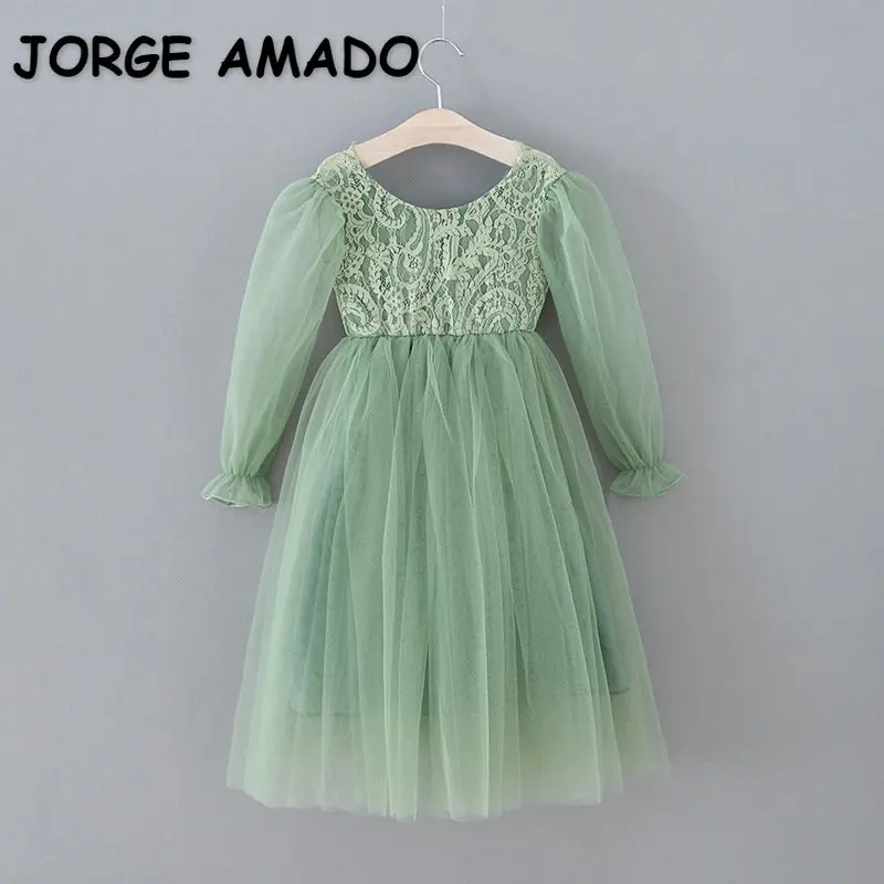 Girl Party Dresses Long Sleeves Sage Green Open Back Flower Girl Dresses Prom Dresses Formal Clothes E0409