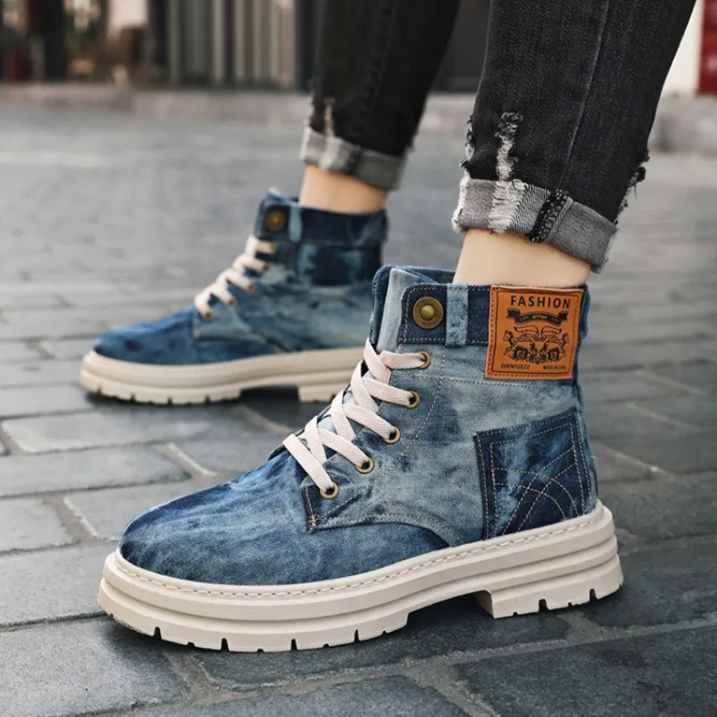 Botas jeans masculinas de cano alto, roupa de trabalho retrô ocidental, botas curtas casuais de tecido respirável, sapatos masculinos, botas de plataforma da moda