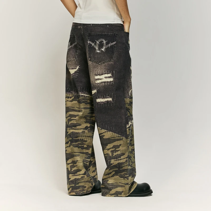 Mens Whiskers Stitched Digitally Printed Jeans Autumn Winter New Street Loose Straight Denim Trousers 13444W24