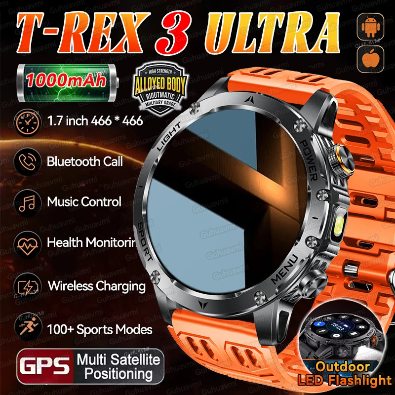 

Новинка 2025 года, TREX3, 1000 мАч, большая батарея, прочные умные часы для взрослых, спортивные, фитнес-водонепроницаемые, светодиодные фонарики, умные часы с вызовом для мужчин