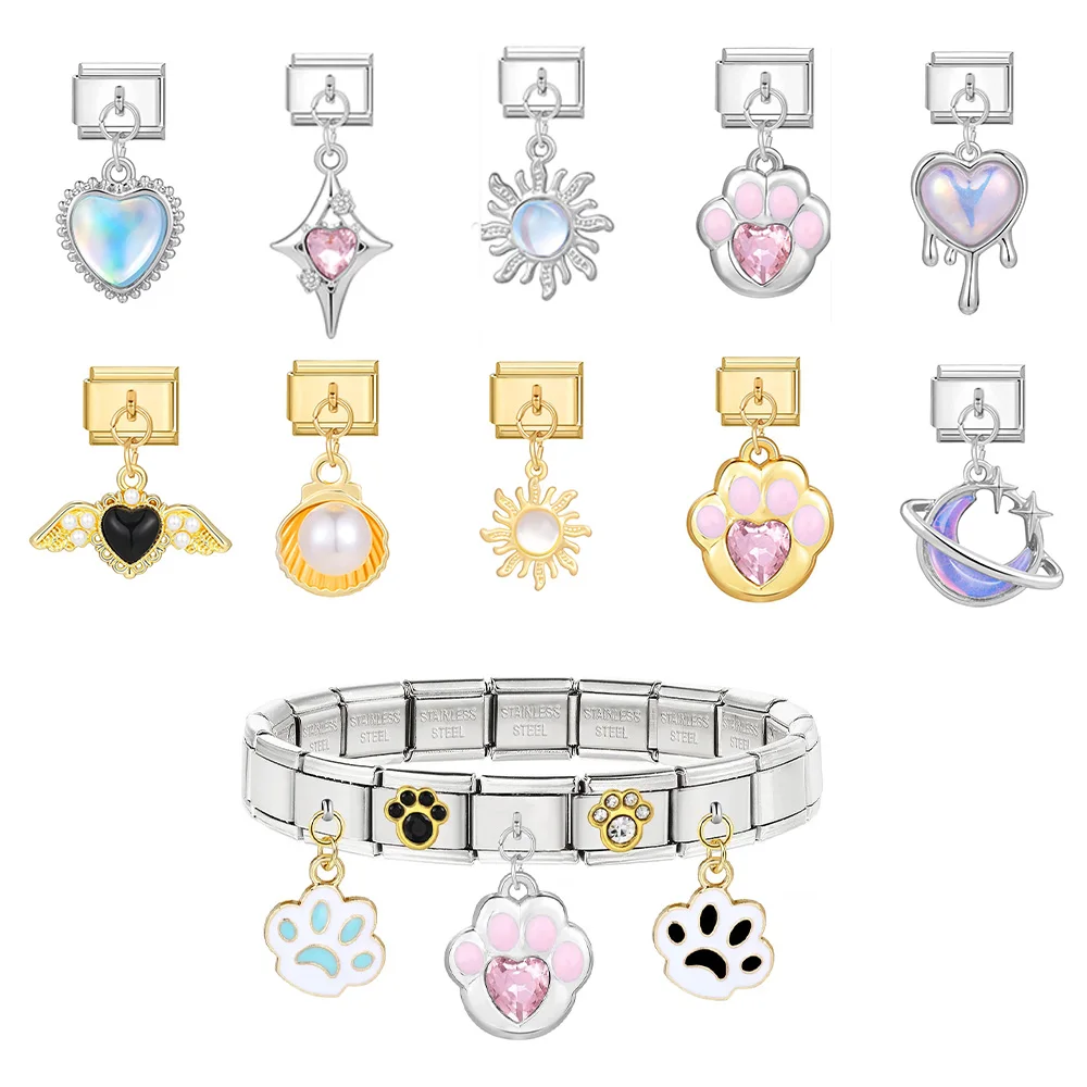 

Moon Pentagram Sun Heart Shiny Zircon Charm Bracelet Italian Charm Links Fit 9mm Stainless Steel Bracelet Jewelry DIY Making