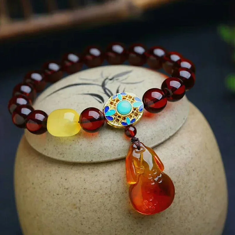 Fine Blood Natural Crystal Bracelets Round Beads With Cheongsam Pendant Hand String Lucky Beauty for Women Gift Crystal Jewelry