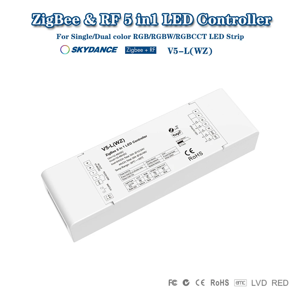 

Skydance V5-L(WZ) DC12-48V ZigBee+2.4GHzRF+Push-DIM 5in1 Smart Tuya Dim Controller For Single/Double White RGB RGBW RGB+CCT Strp