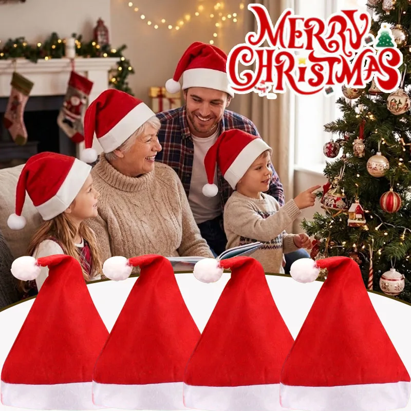 20-40PCS Non Woven Santa Hat Red White Pom Pom Elastic Band Christmas Cap for Adults Children Party Costume Decoration