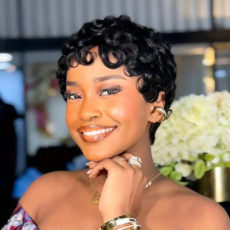 شعر مستعار بقص بيكسي شعر بشري قصير مجعد للنساء مصنوع آليًا